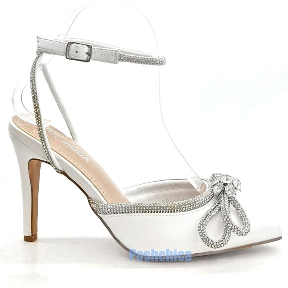 New White Rhinestone Bow Ankle Strap Pointed Toe Heels Pumps - Picture 3 of 5